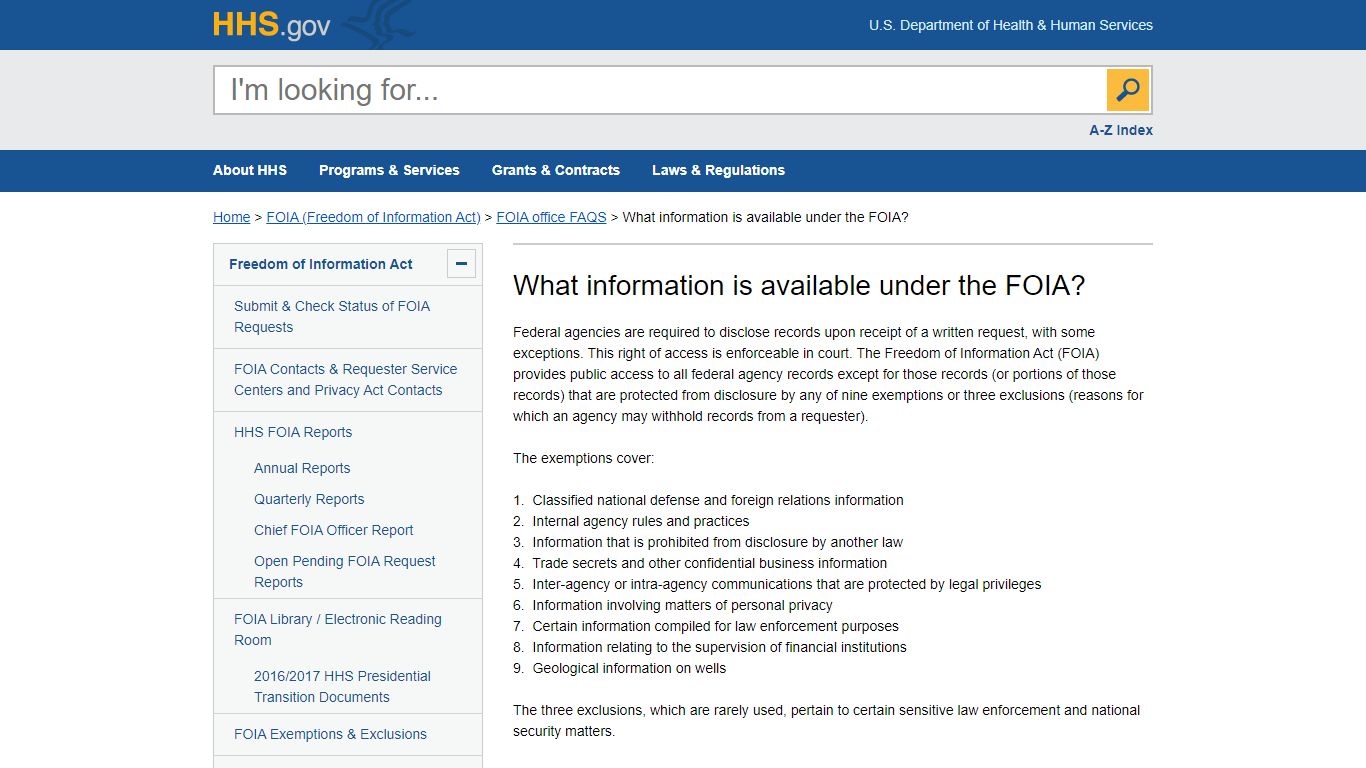 What information is available under the FOIA? | HHS.gov